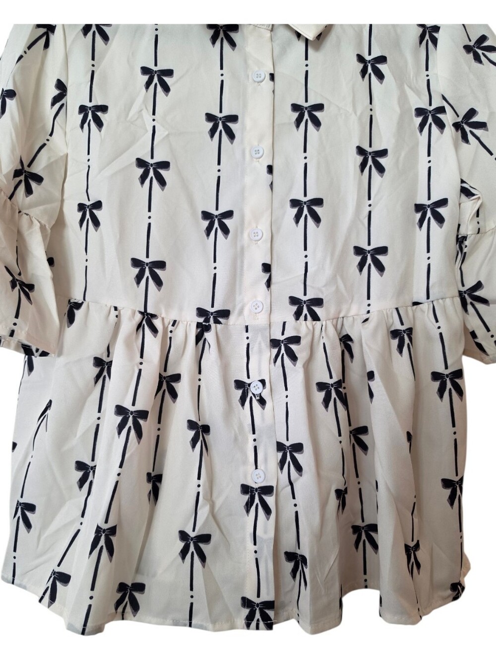 Feminine Bow Print Ruffle Sleeve Peplum Blouse NWOT - Picture 4 of 5